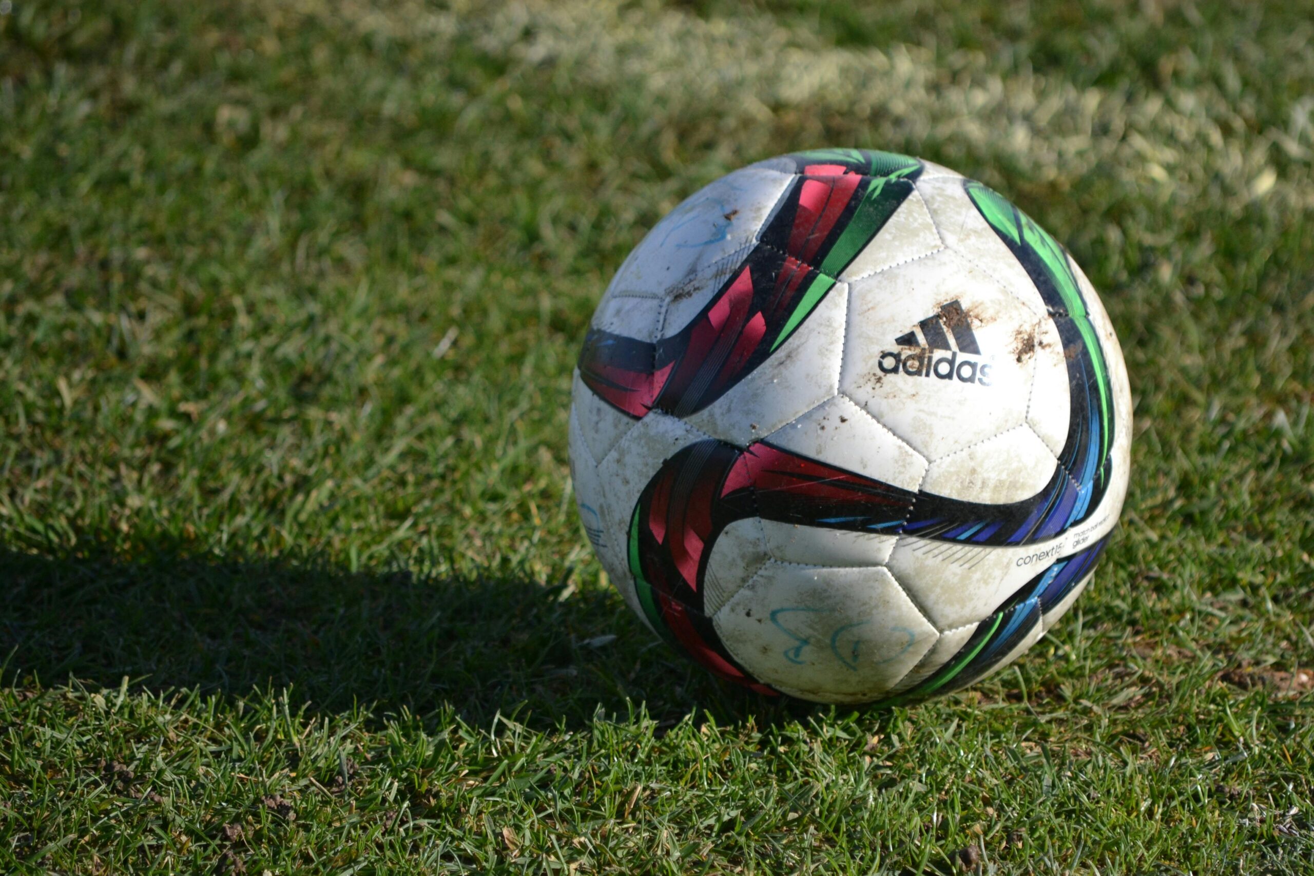 Vibrant soccer ball resting on a lush green field under natural sunlight.